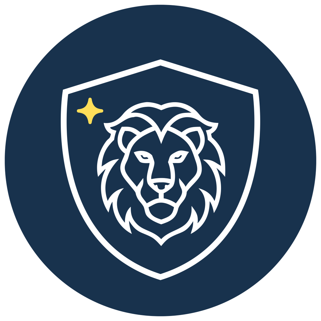 Navy shield icon with lion emblem representing the courage required for psychological safety in leadership teams